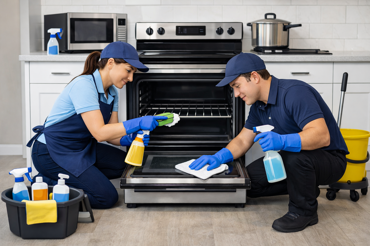 Professional cleaner sanitizing a home kitchen