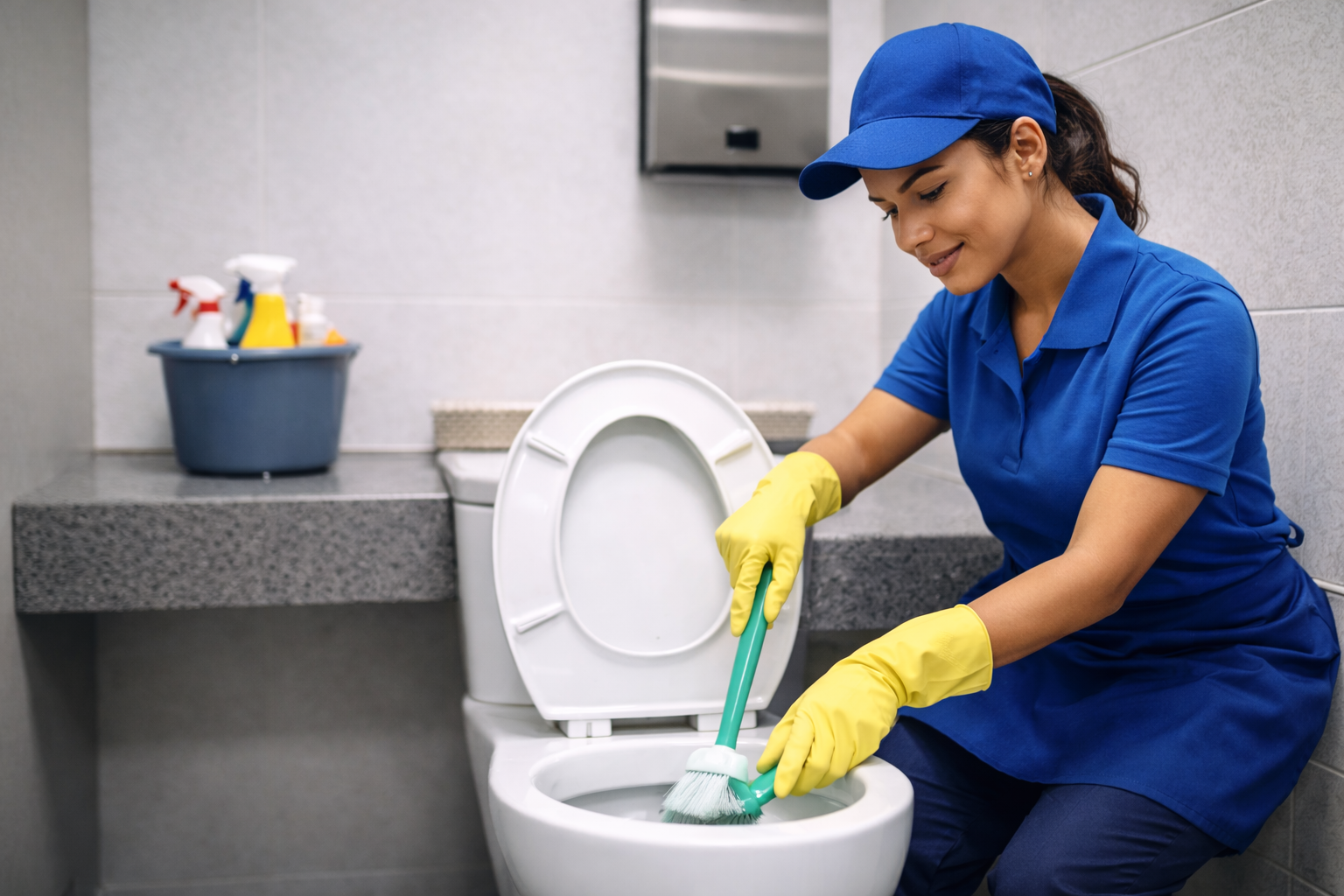 Professional cleaner scrubbing and disinfecting a bathroom